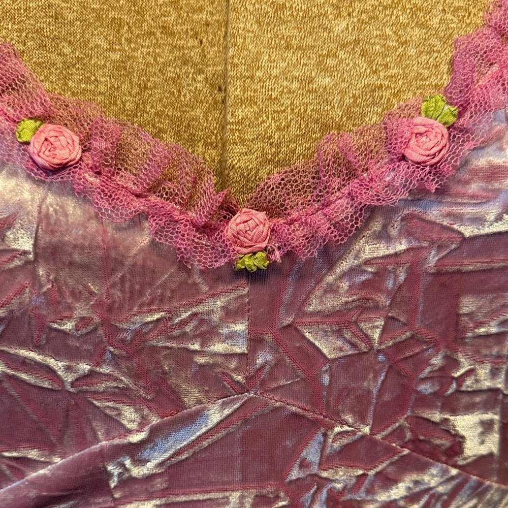 Pink Lace-Trim Soft Crushed Velvet Betsey Johnson Dress with Rose Appliques